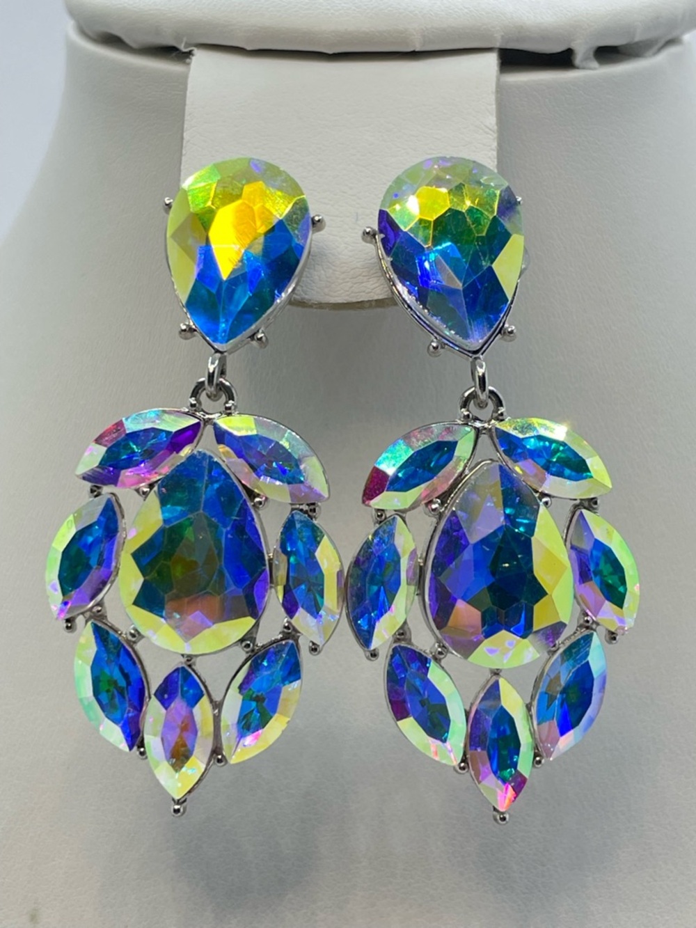 Silver Tone AB Crystal Statement Dangle Earrings Iridescent Glam